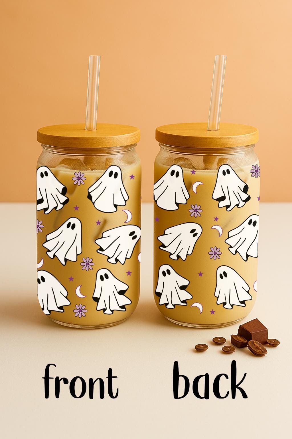Floral Cute Ghost Pattern Can Glass Tumbler, Spooky Season Kids Gift Bamboo Lid & Straw Cup