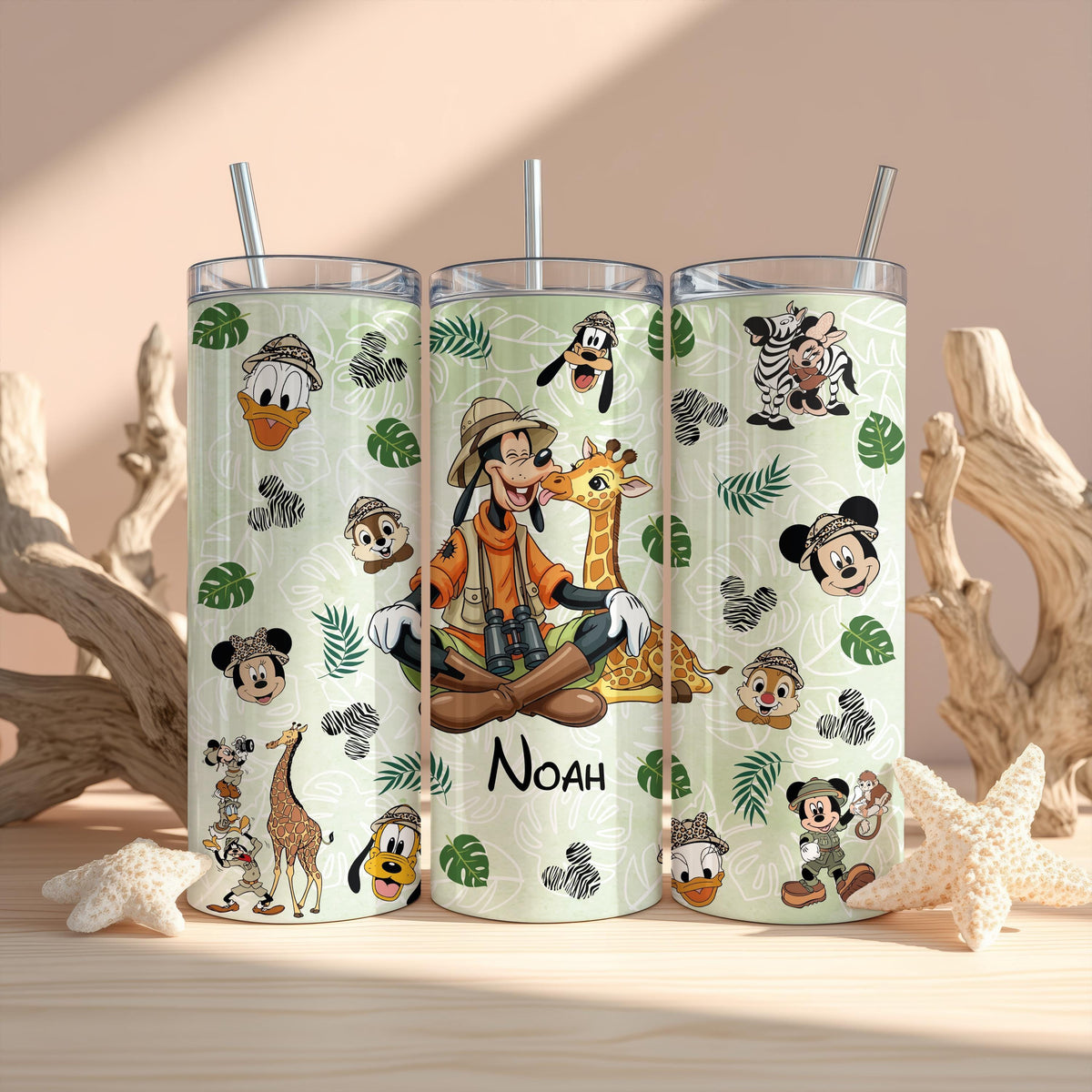 Personalized Safari Tumbler with Straw, Cartoon Friends Adventure Cup