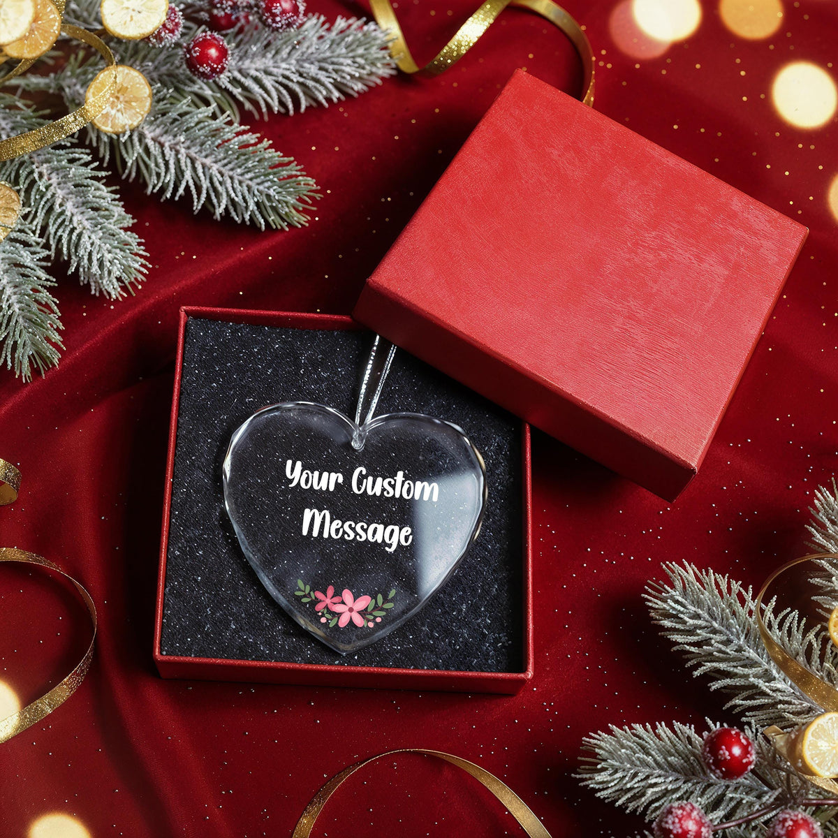 Custom Message Heart Crystal Glass Ornament, Floral Keepsake