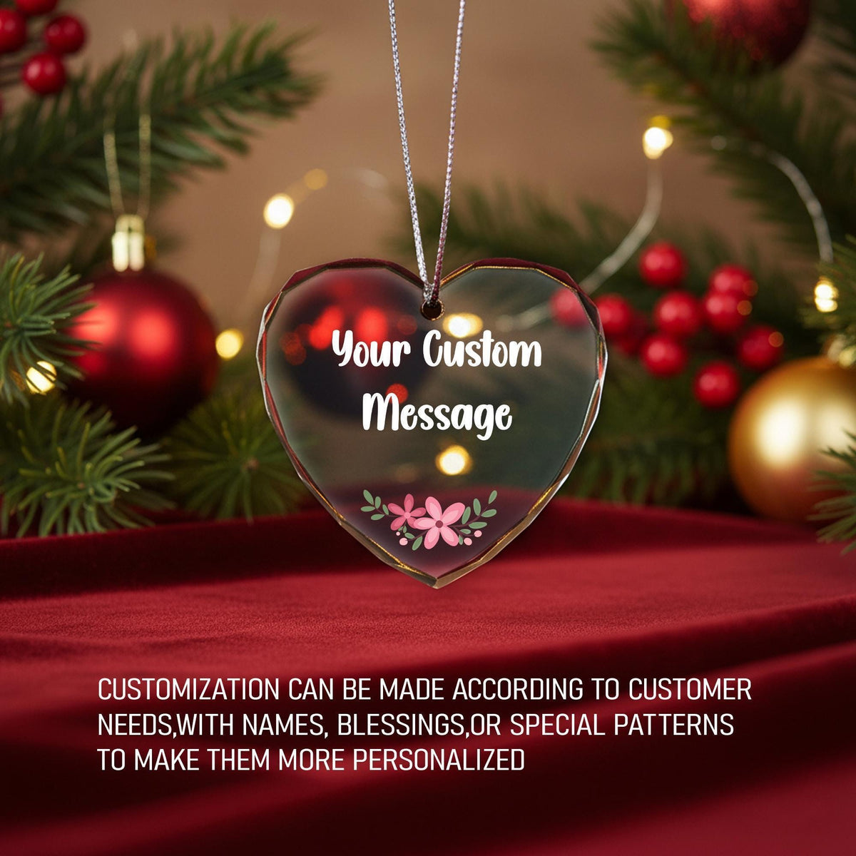 Custom Message Heart Crystal Glass Ornament, Floral Keepsake