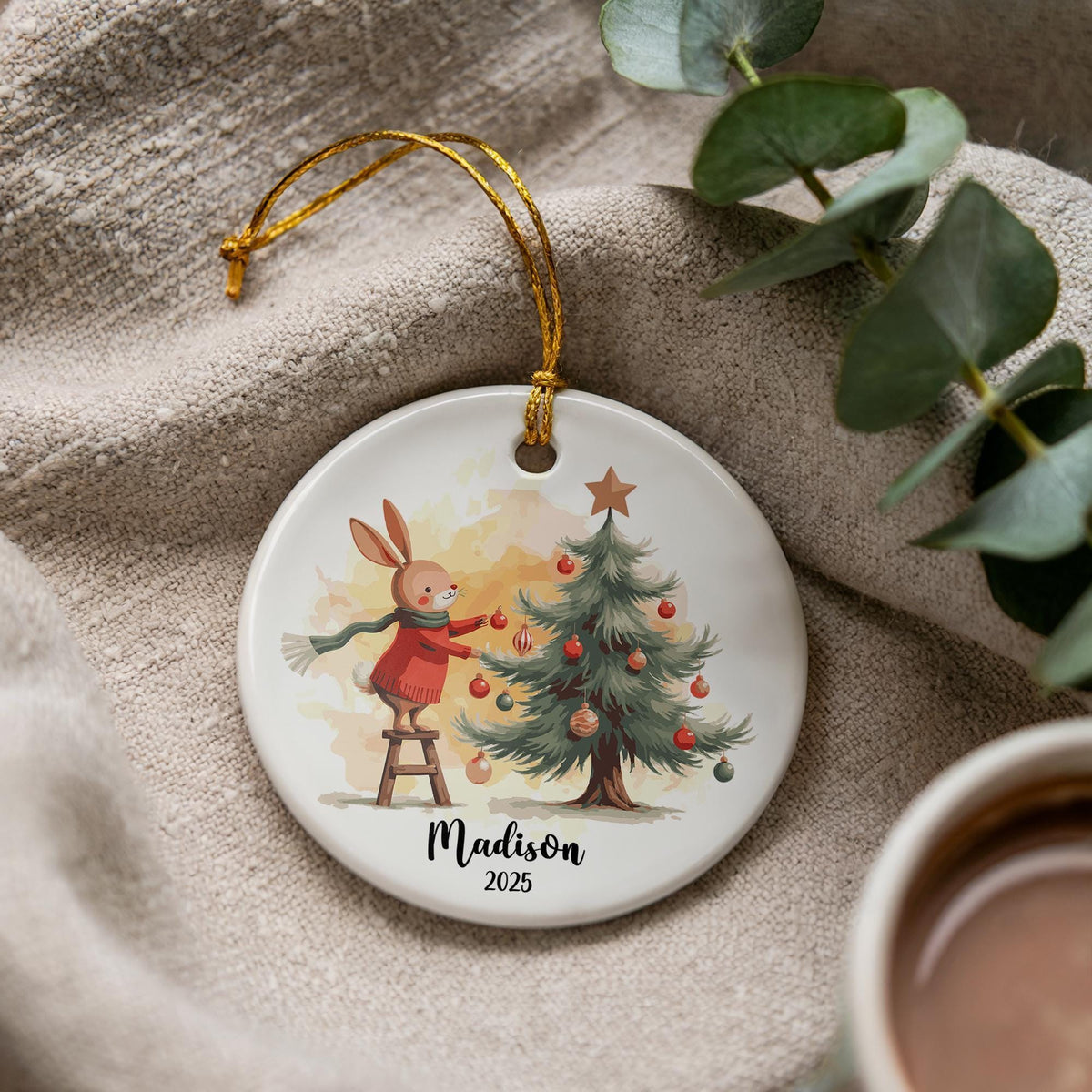 Personalized Bunny Christmas Ornament, Custom Ceramic Holiday Keepsake