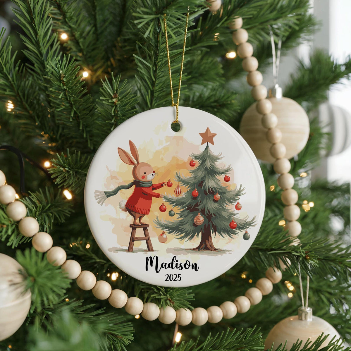 Personalized Bunny Christmas Ornament, Custom Ceramic Holiday Keepsake
