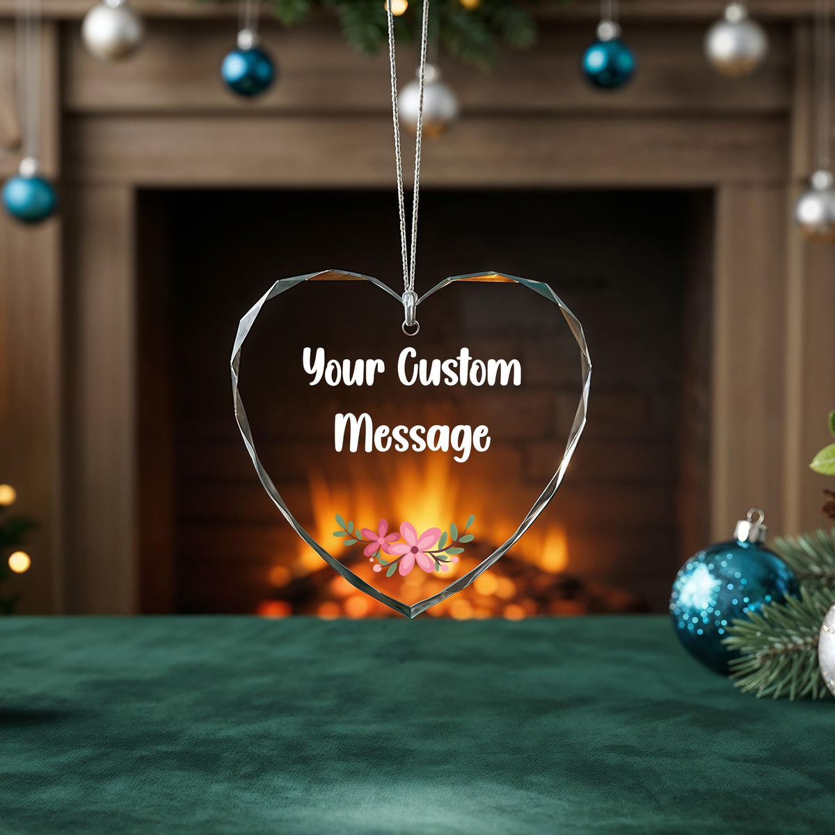 Custom Message Heart Crystal Glass Ornament, Floral Keepsake