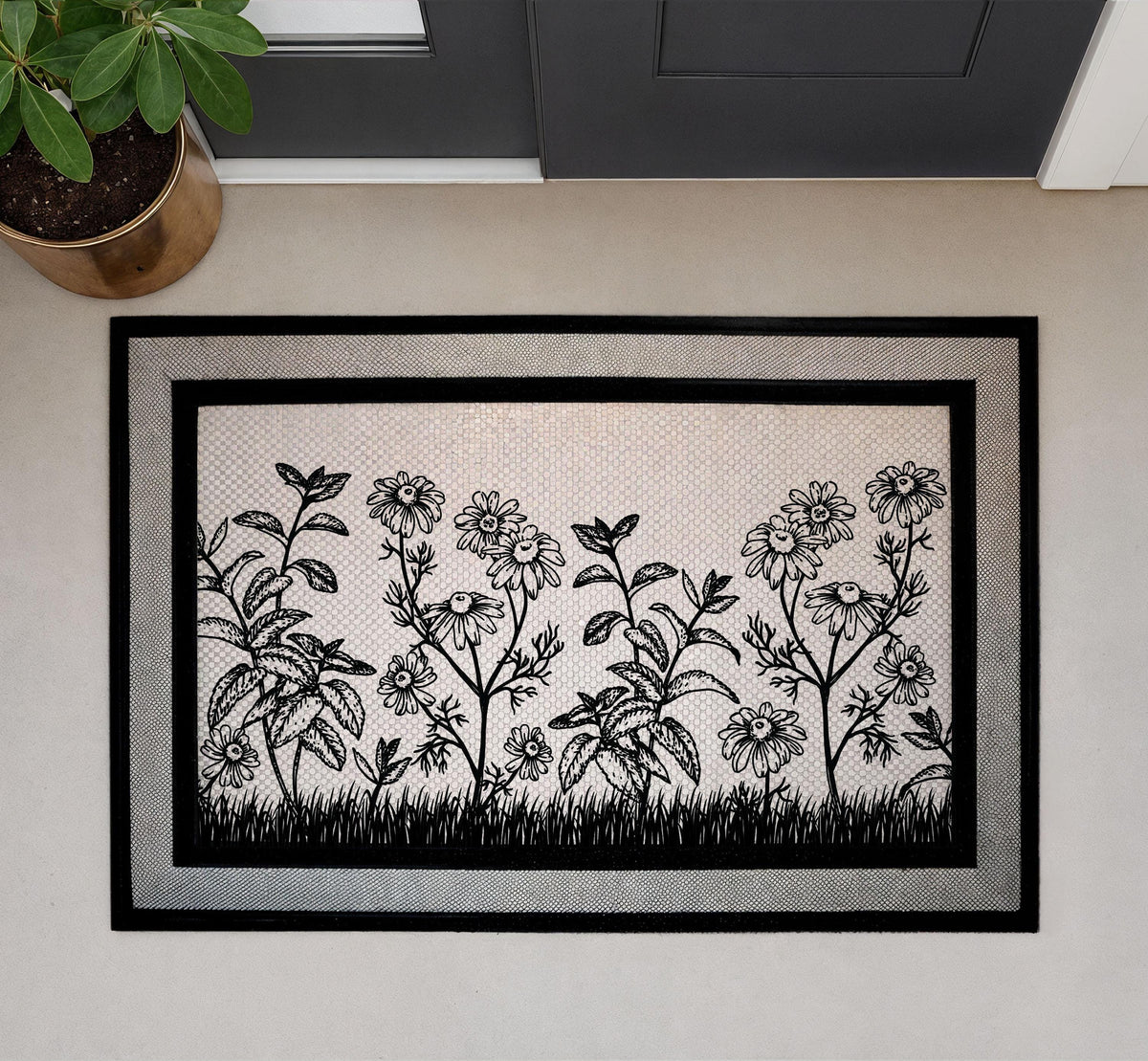 Black and White Daisy Welcome Mat, Wildflower Garden Doormat