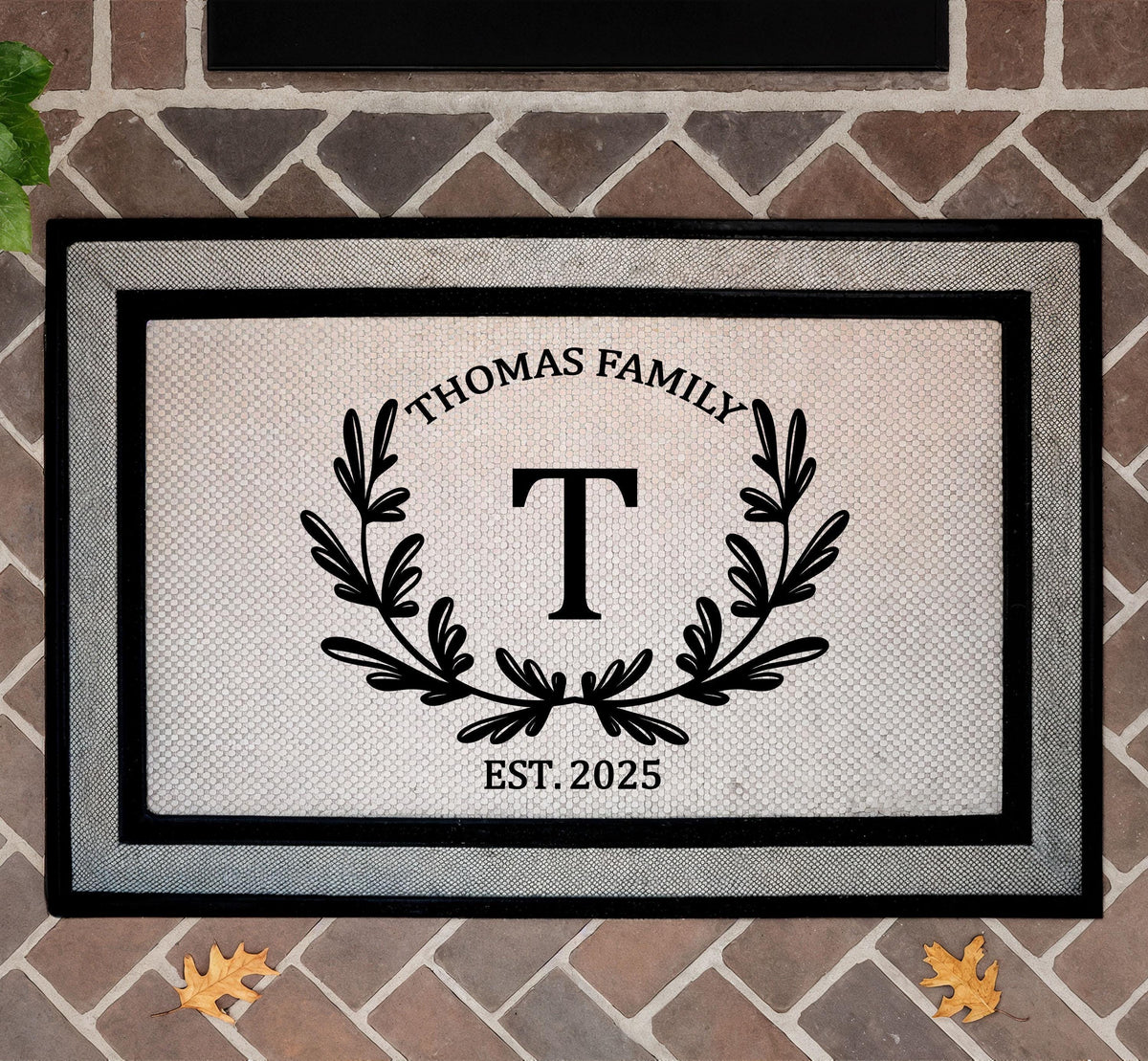 Custom Family Name & Initial Doormat, Personalized Monogram Wreath Welcome Mat