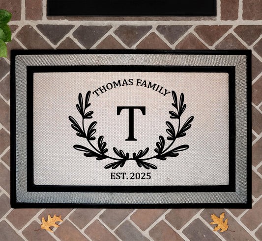 Custom Family Name & Initial Doormat, Personalized Monogram Wreath Welcome Mat