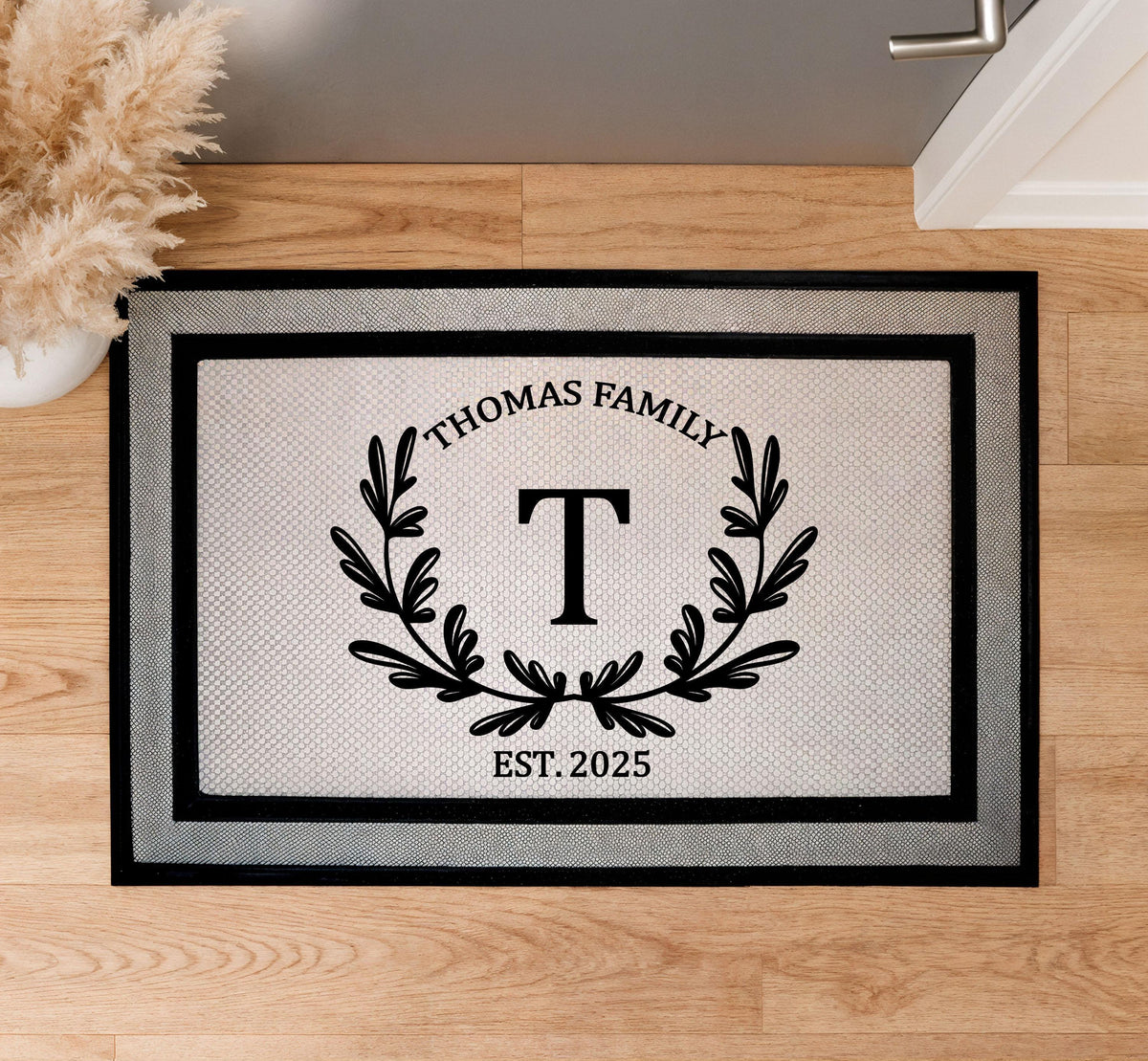 Custom Family Name & Initial Doormat, Personalized Monogram Wreath Welcome Mat