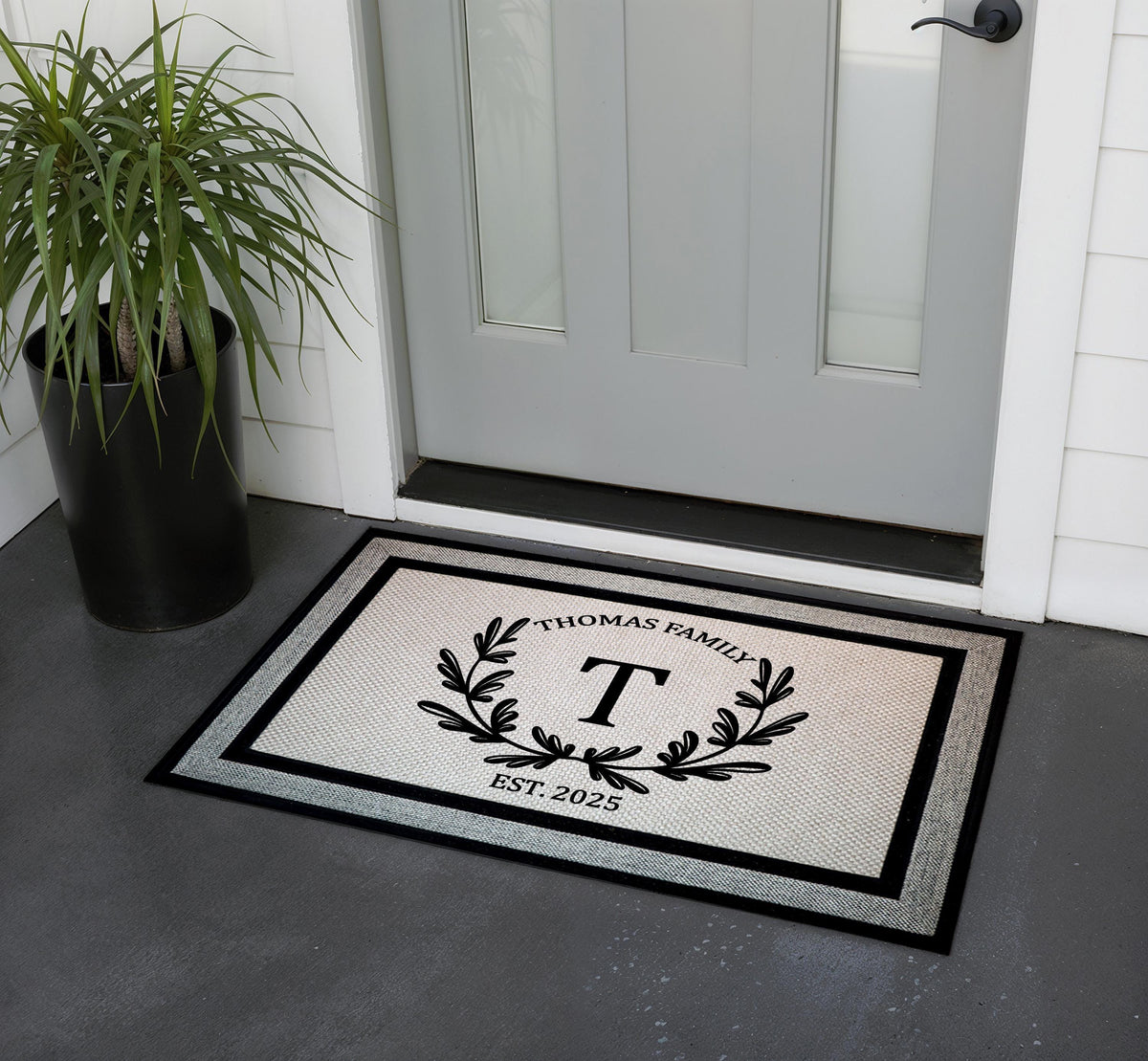 Custom Family Name & Initial Doormat, Personalized Monogram Wreath Welcome Mat