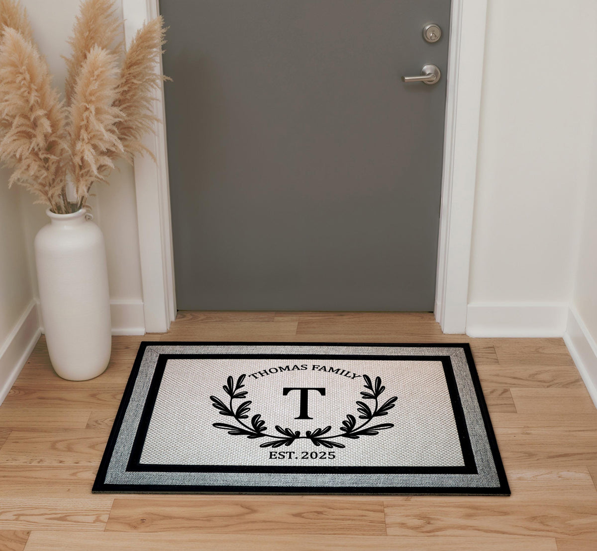 Custom Family Name & Initial Doormat, Personalized Monogram Wreath Welcome Mat