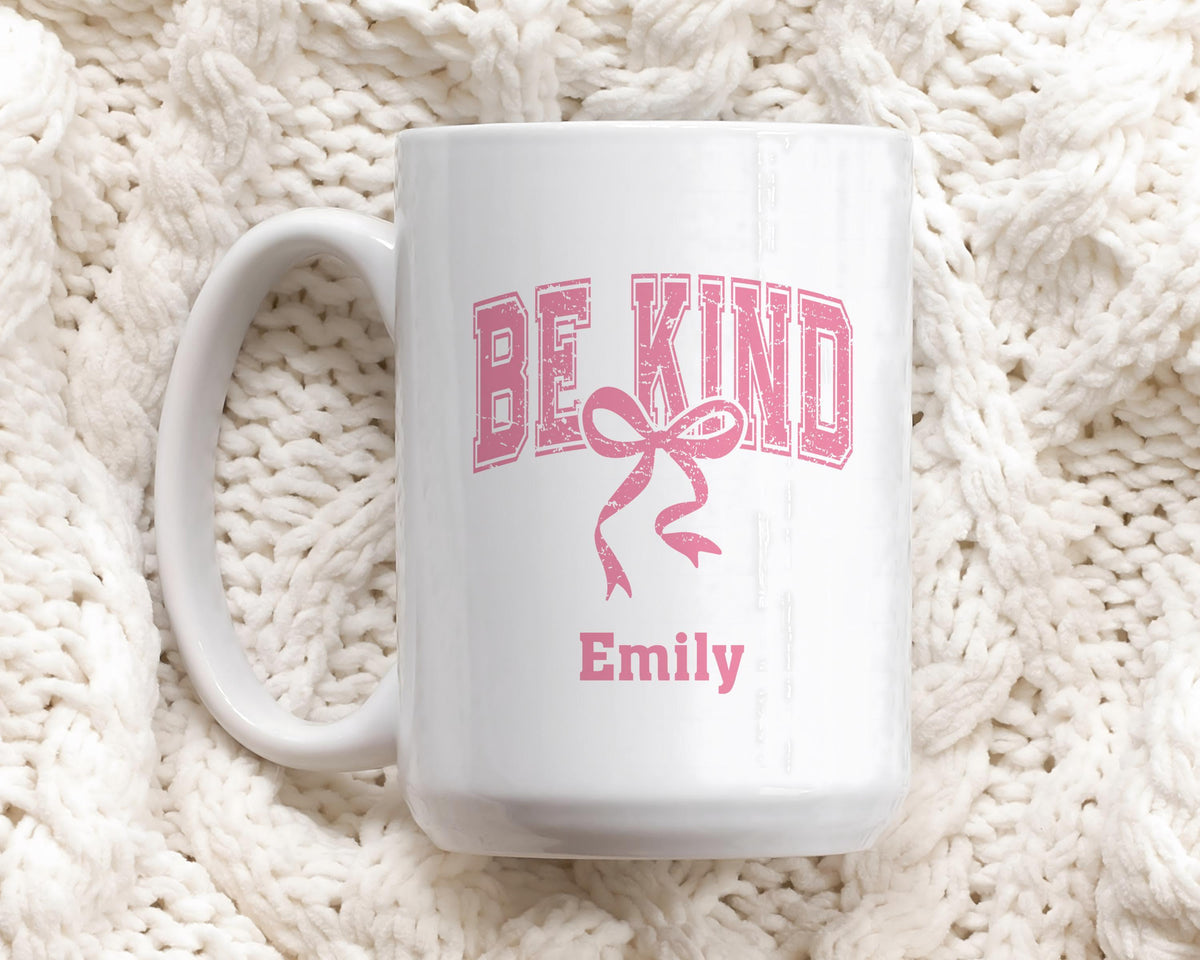 Be Kind Personalized Ceramic Cup, Custom Name Tea Mug, Pink Ribbon Coffee Cup