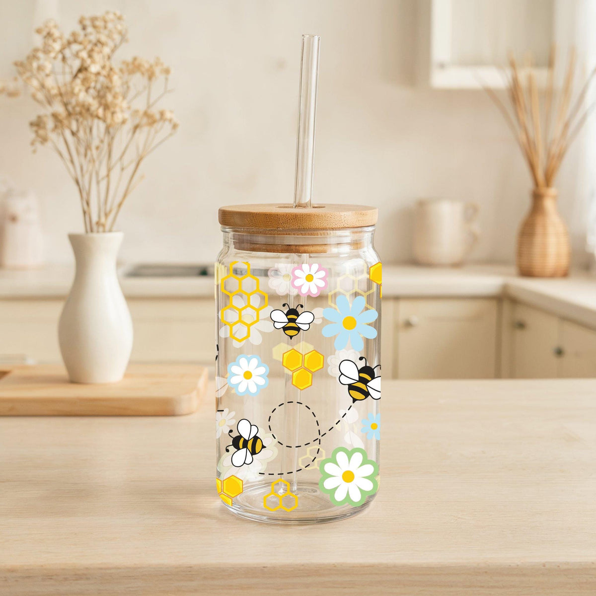 Honey Bee Glass Tumbler, Honeycomb Iced Coffee Cup, Cute Bee And Daisy Can Glass
