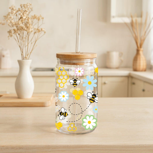 Honey Bee Glass Tumbler, Honeycomb Iced Coffee Cup, Cute Bee And Daisy Can Glass