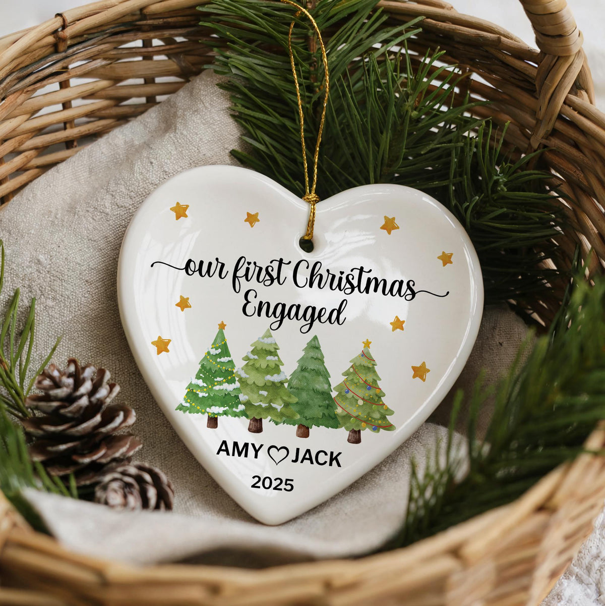 Personalized Our First Christmas Engaged Ornament, Heart Ceramic Keepsake