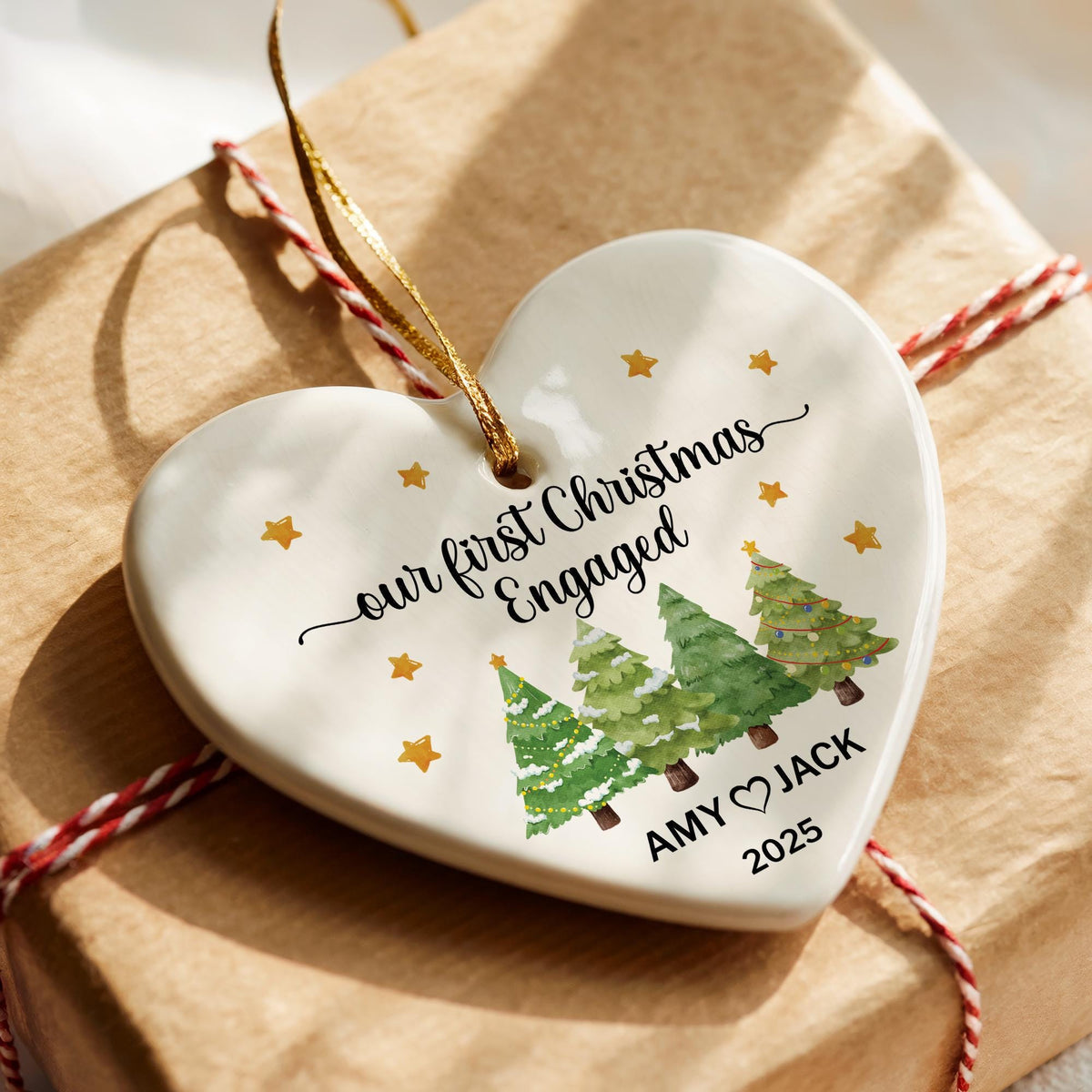 Personalized Our First Christmas Engaged Ornament, Heart Ceramic Keepsake