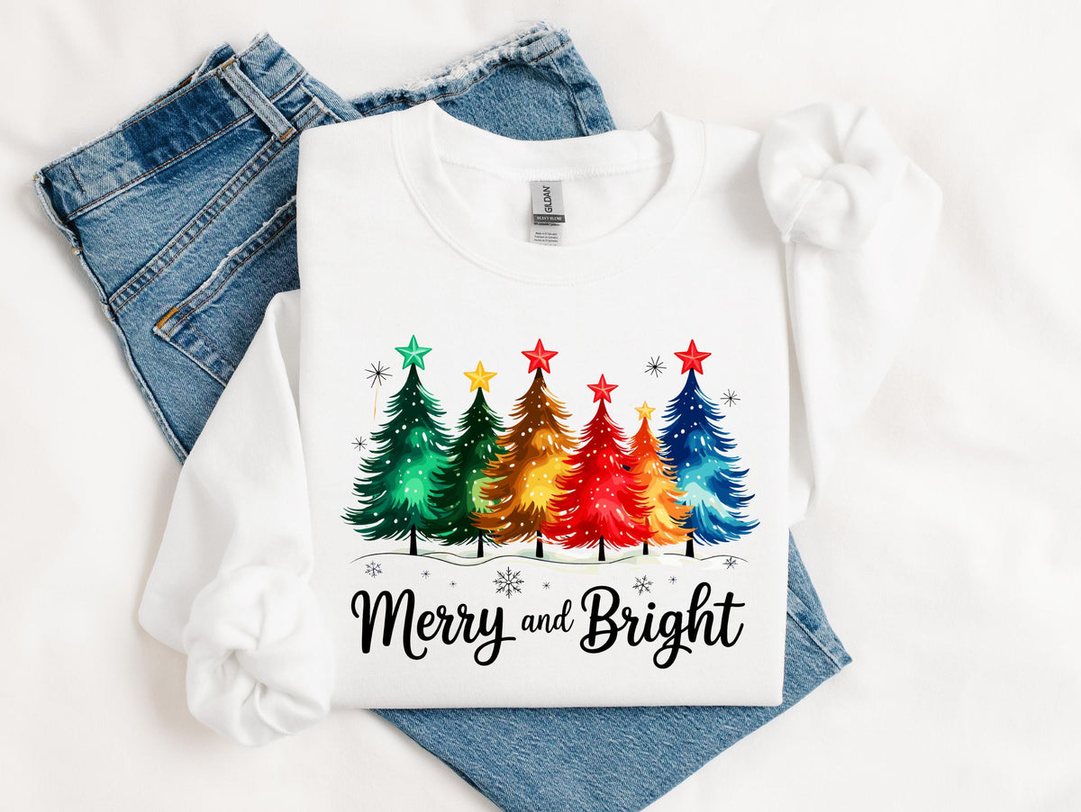 Merry and Bright T-Shirt, Christmas Trees Sweatshirt, Festive Holiday Tee, Xmas Sweatshirt