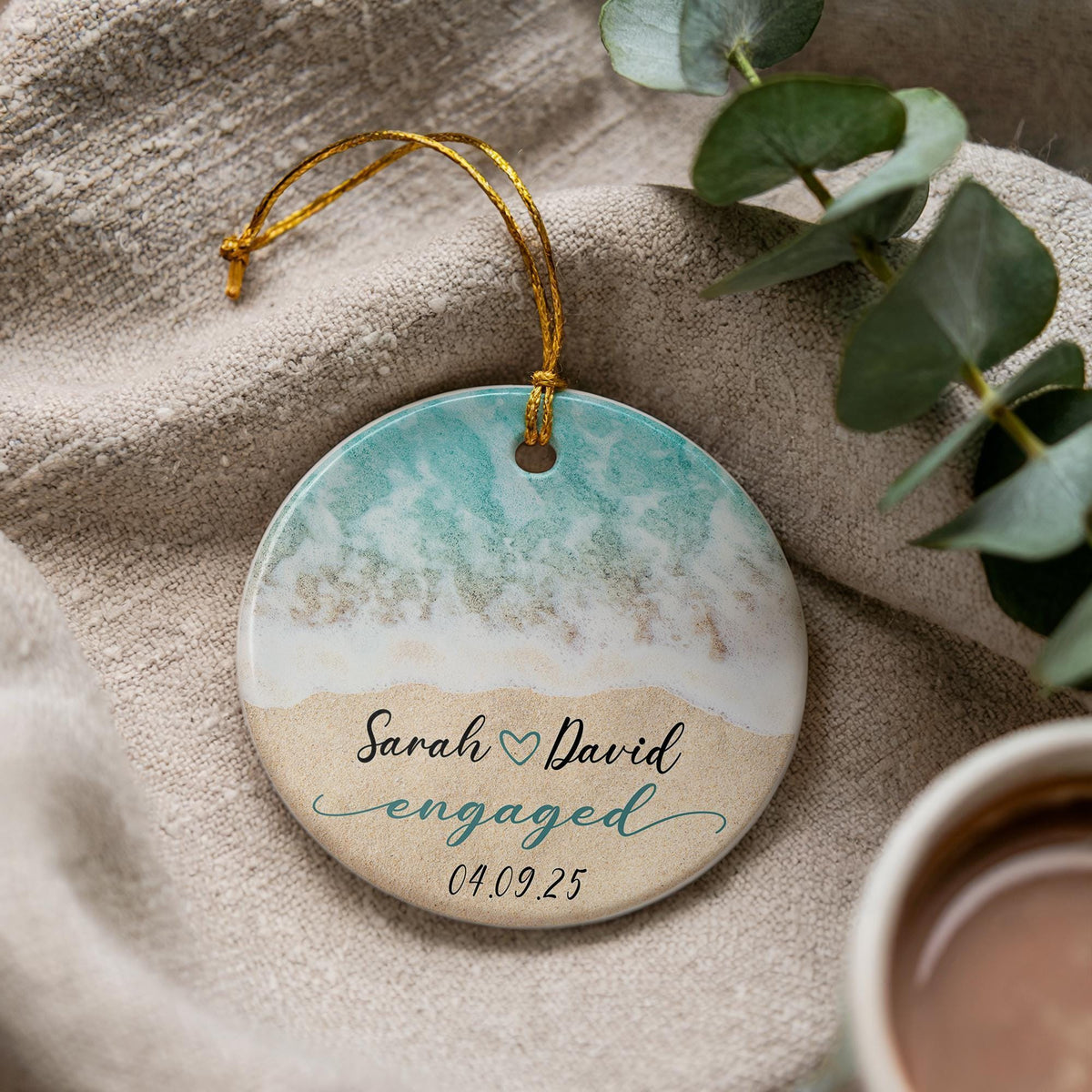 Personalized Engagement Ceramic Ornament, Coastal Wedding Gift