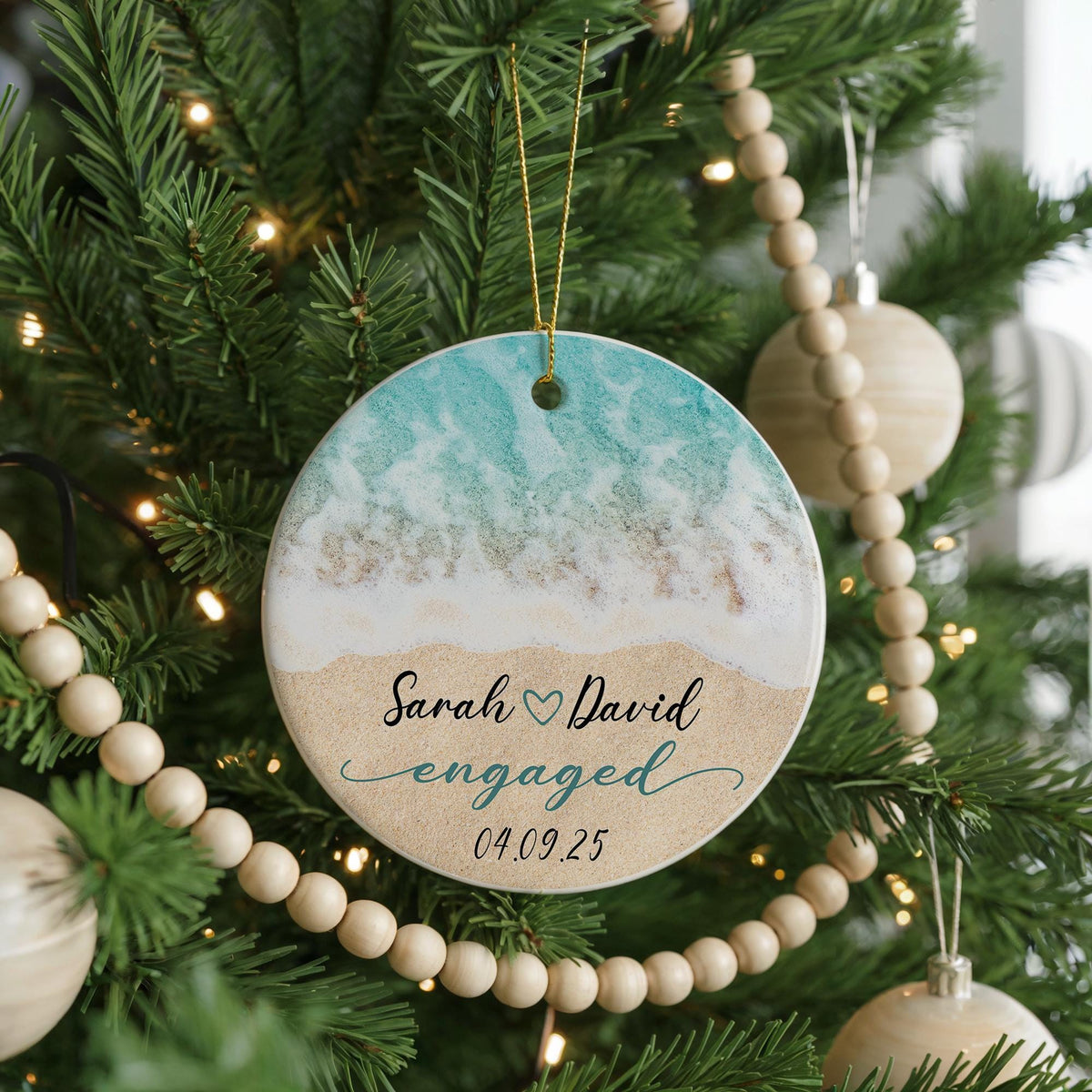 Personalized Engagement Ceramic Ornament, Coastal Wedding Gift