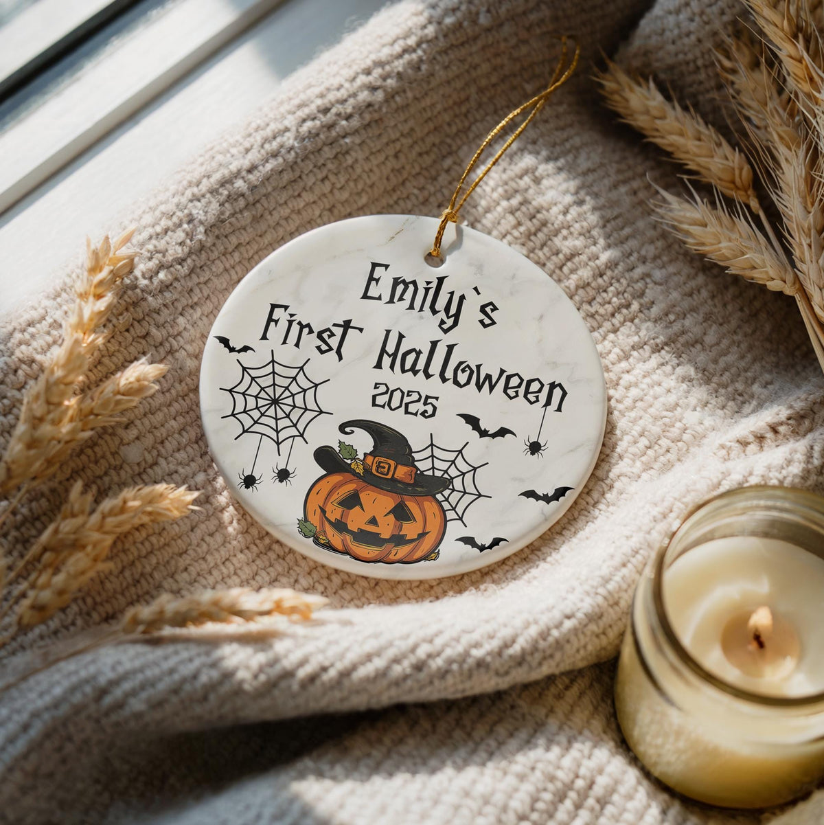 Custom Name Baby's First Halloween Ornament, Spider Webs And Jack-o-Lantern Design Keepsake