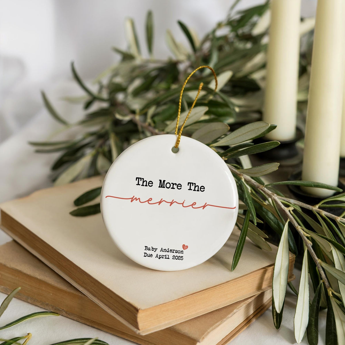 Customizable The More The Merrier Ceramic Ornament, Funny Upcoming Baby Keepsake
