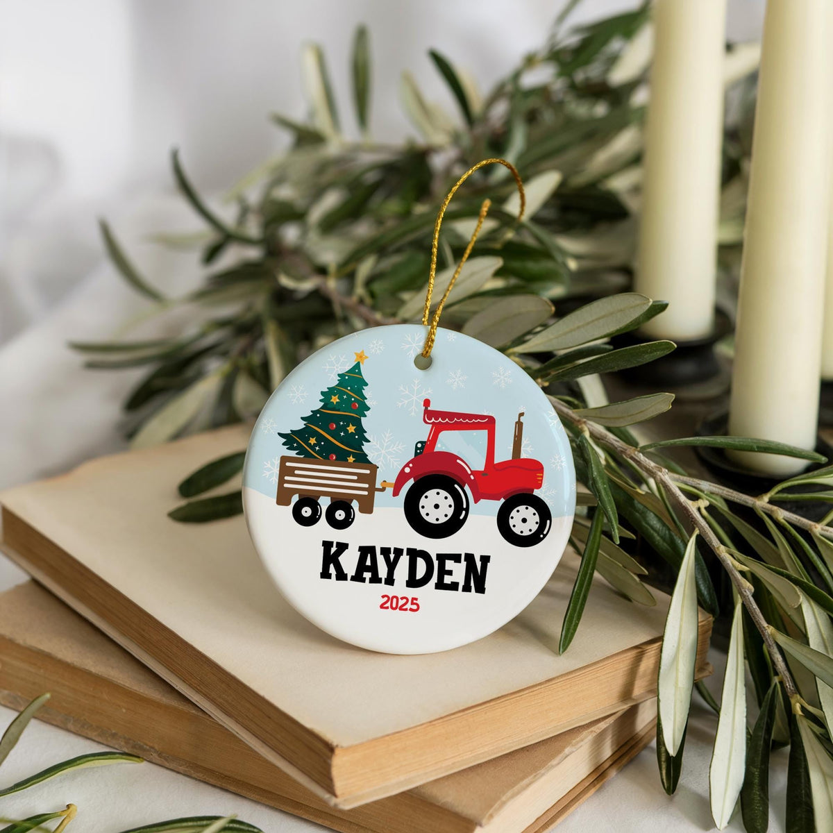 Personalized Red Tractor Christmas Ornament For Boys