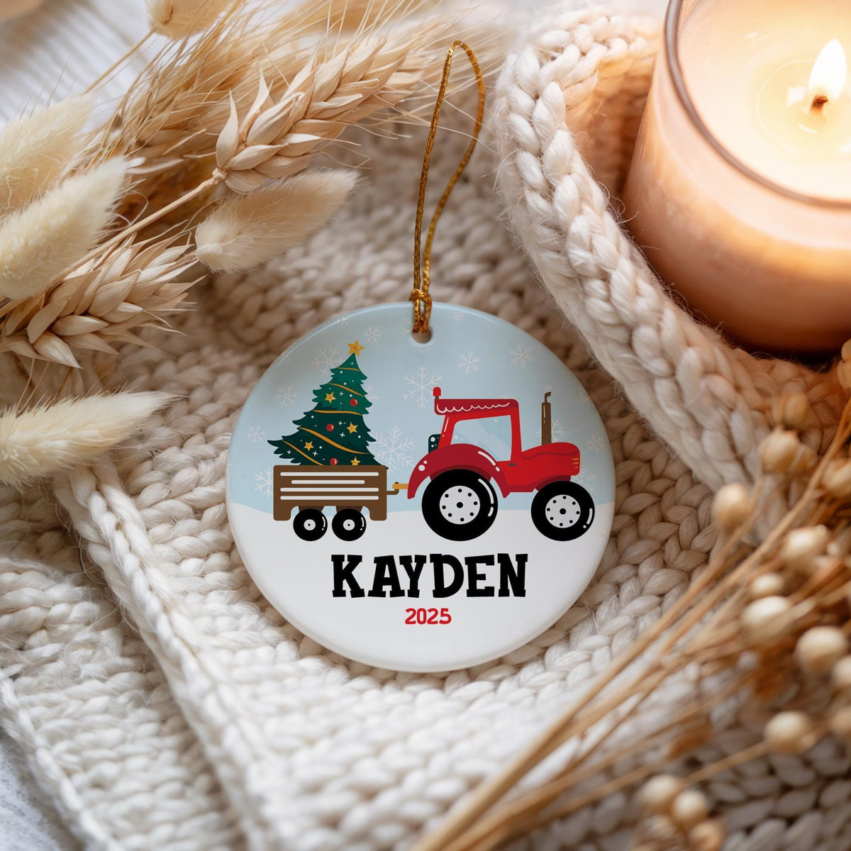 Personalized Red Tractor Christmas Ornament For Boys