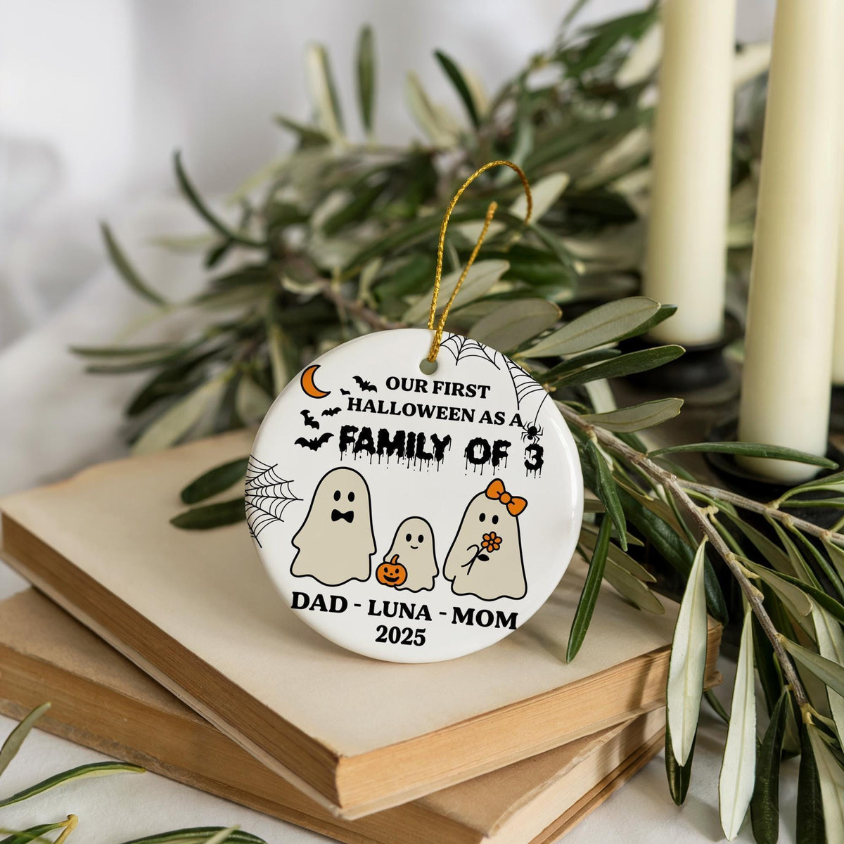 Our First Halloween As A Family Of Three Ornament, Custom New Parents Spooky Season Gift