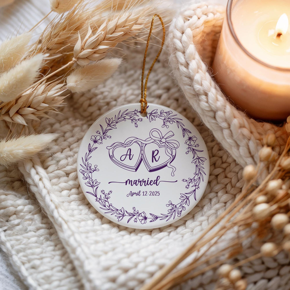 Custom Initials And Date Married Keepsake, Wedding Gift for Newlyweds Ceramic Ornament