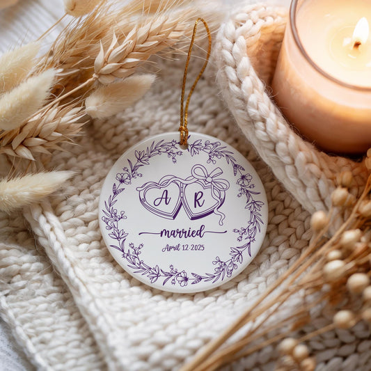 Custom Initials And Date Married Keepsake, Wedding Gift for Newlyweds Ceramic Ornament