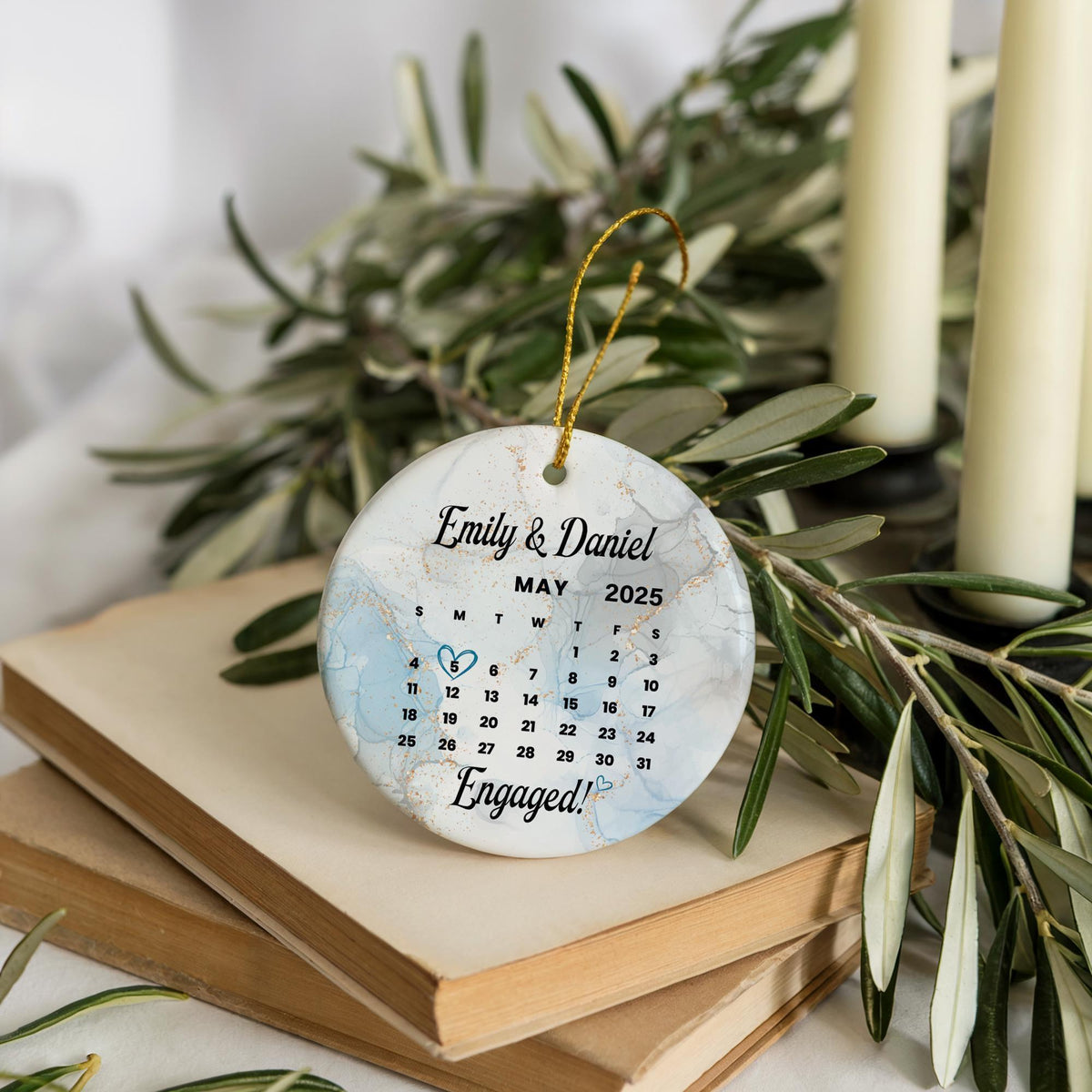 Personalized Calendar Theme Engagement Keepsake, Marble Design Engaged Ornament