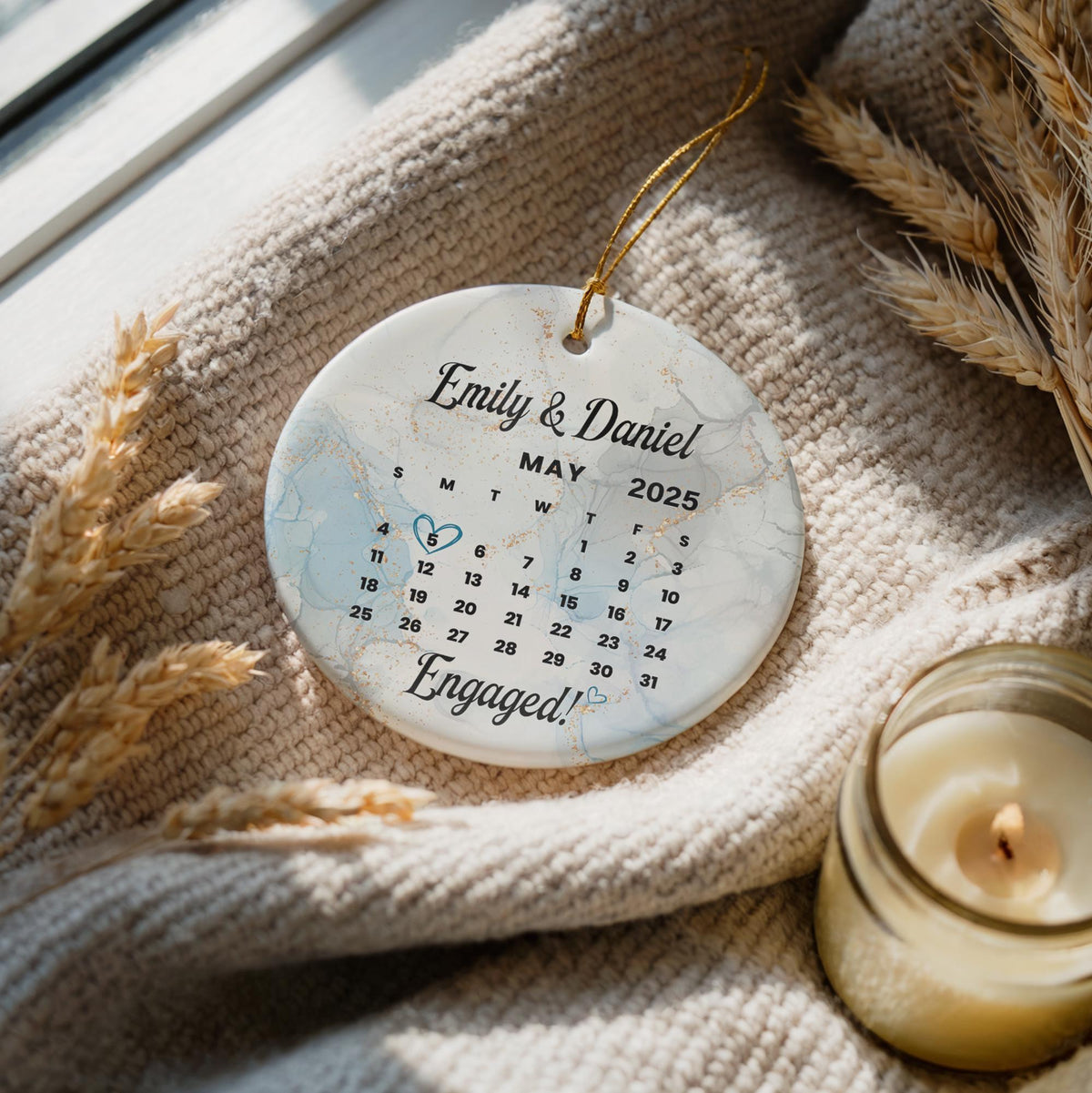 Personalized Calendar Theme Engagement Keepsake, Marble Design Engaged Ornament