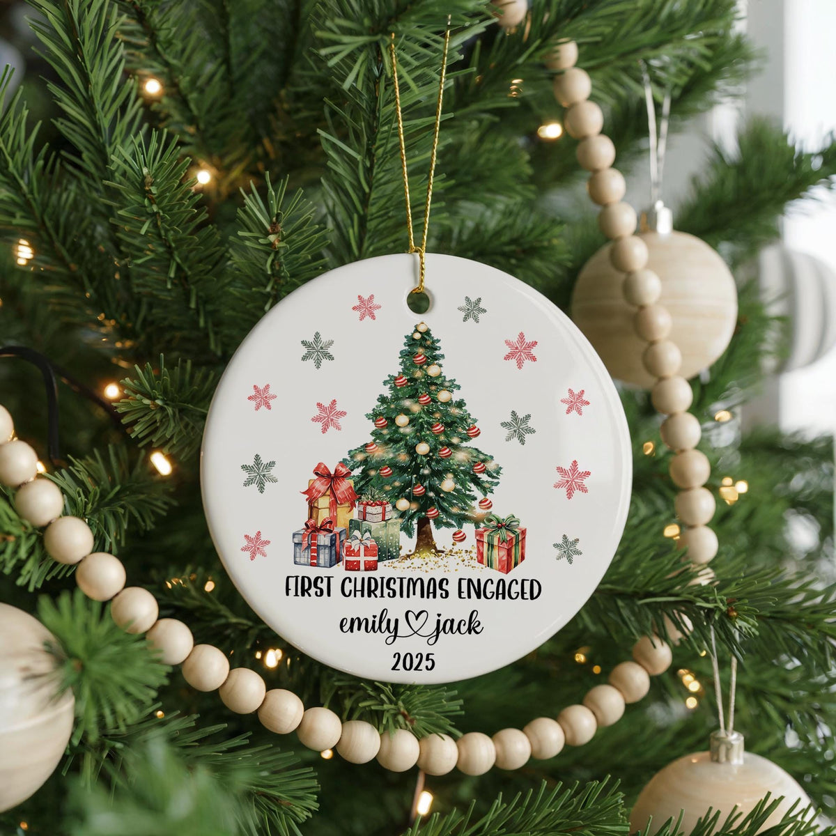 First Christmas Engaged Ornament, Personalized Ceramic Keepsake