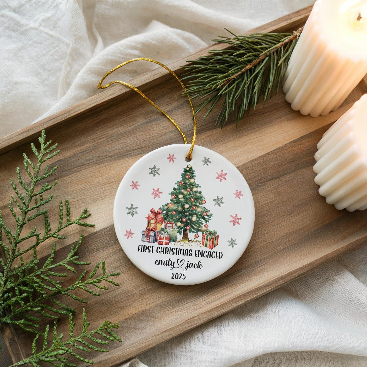 First Christmas Engaged Ornament, Personalized Ceramic Keepsake