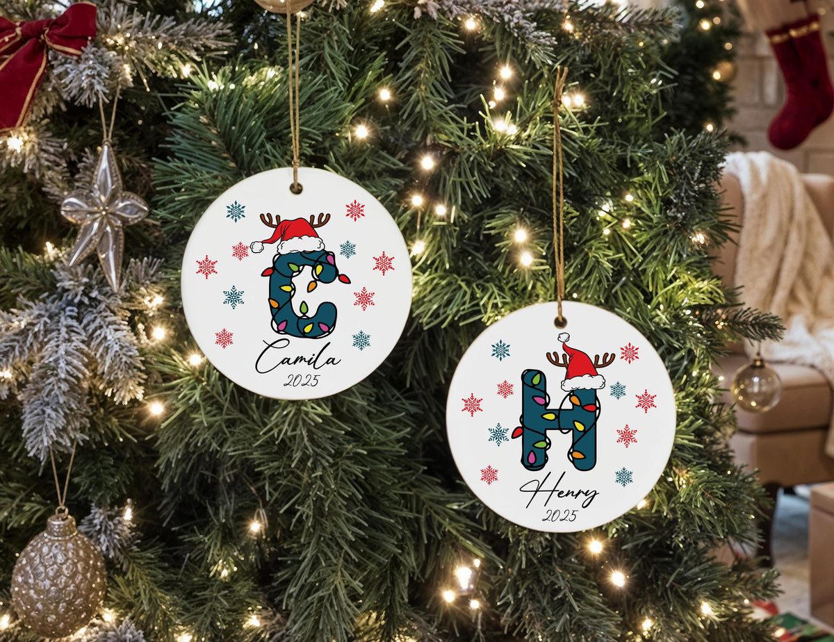 Personalized Christmas Ornament, Monogram Keepsake, Custom Name Initial Ornament, Santa Hat Letter Xmas Keepsake, Customized Family Ornament