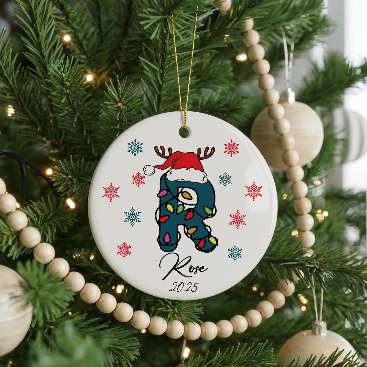 Personalized Christmas Ornament, Monogram Keepsake, Custom Name Initial Ornament, Santa Hat Letter Xmas Keepsake, Customized Family Ornament
