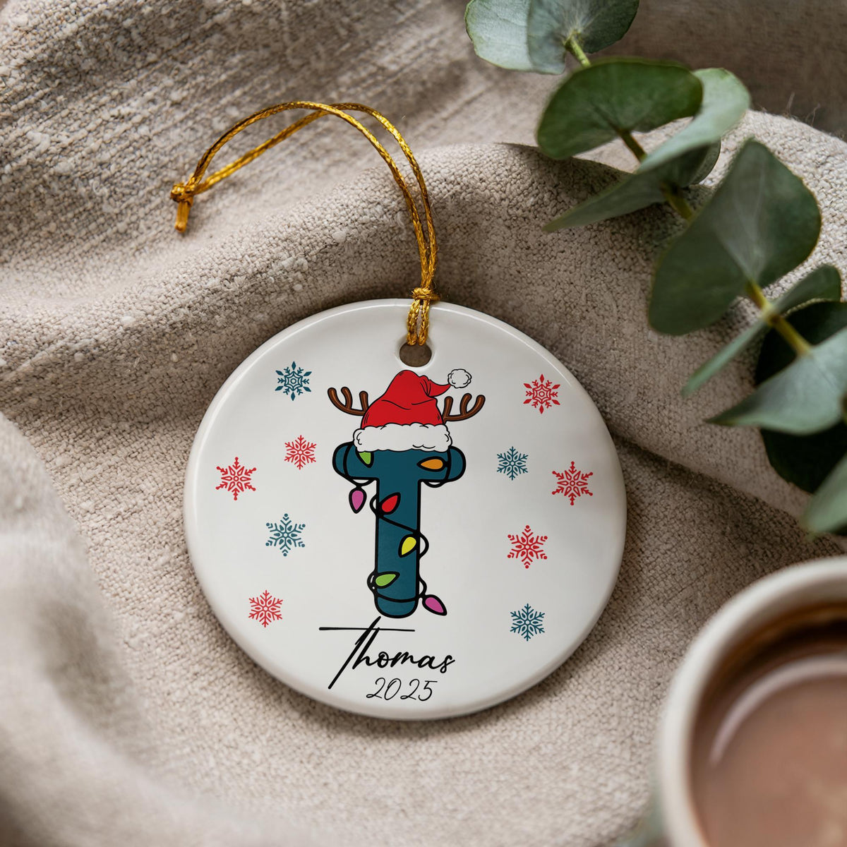 Personalized Christmas Ornament, Monogram Keepsake, Custom Name Initial Ornament, Santa Hat Letter Xmas Keepsake, Customized Family Ornament