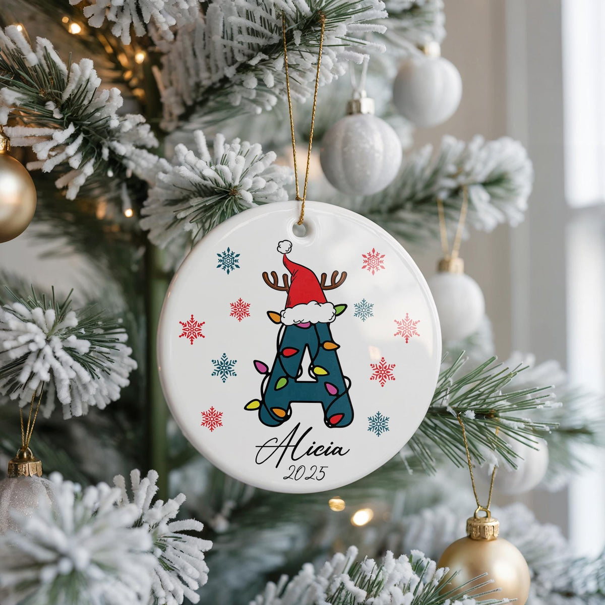 Personalized Christmas Ornament, Monogram Keepsake, Custom Name Initial Ornament, Santa Hat Letter Xmas Keepsake, Customized Family Ornament