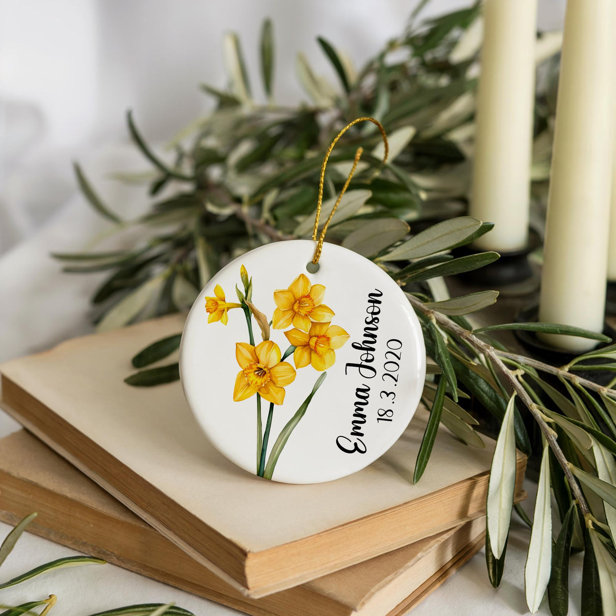 Personalized Birth Month Flower Ornament, Custom Name & Date Ceramic Keepsake