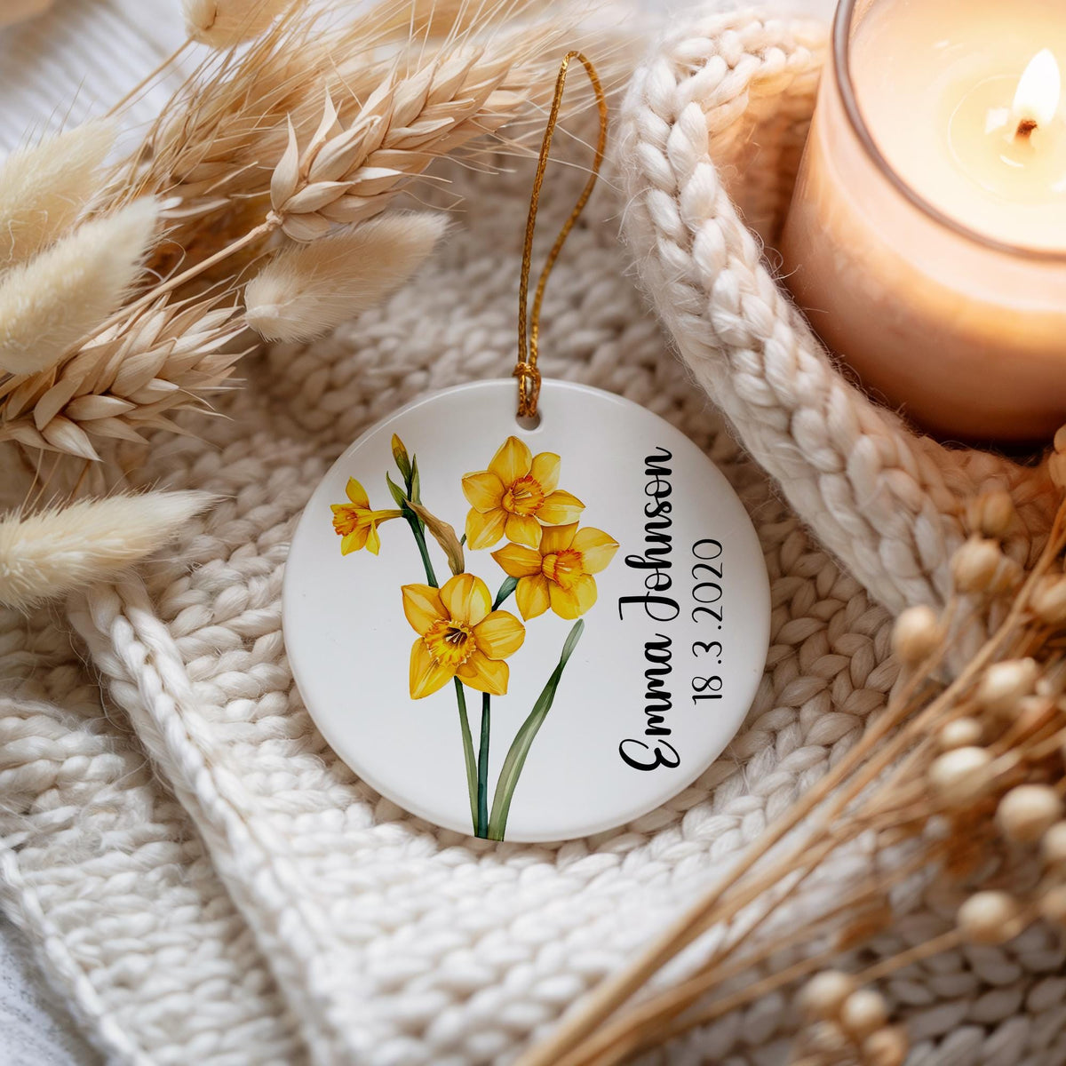 Personalized Birth Month Flower Ornament, Custom Name & Date Ceramic Keepsake