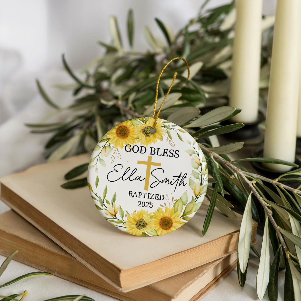 Personalized Baptism Ceramic Ornament, Customizable God Bless Gift, Sunflower Ornament