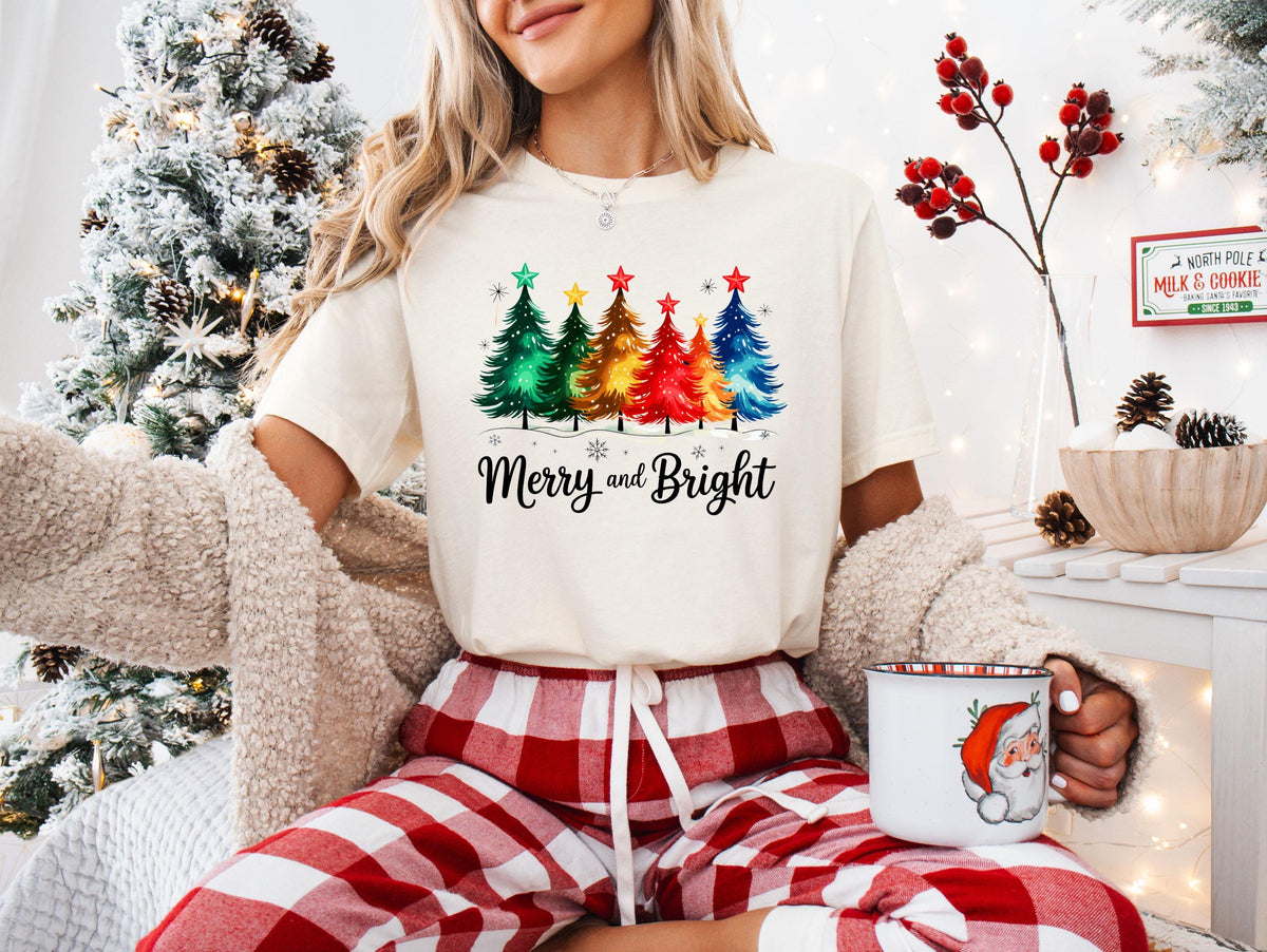 Merry and Bright T-Shirt, Christmas Trees Sweatshirt, Festive Holiday Tee, Xmas Sweatshirt