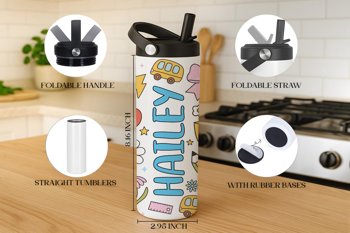 Personalized Floral School Tumbler For Kids, Cute Back To School Tumbler With Foldable Straw