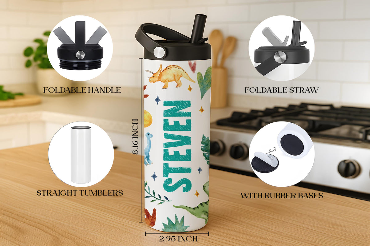 Personalized Dinosaur Theme Insulated Tumbler, Family Vacation Kids Steel Water Bottle