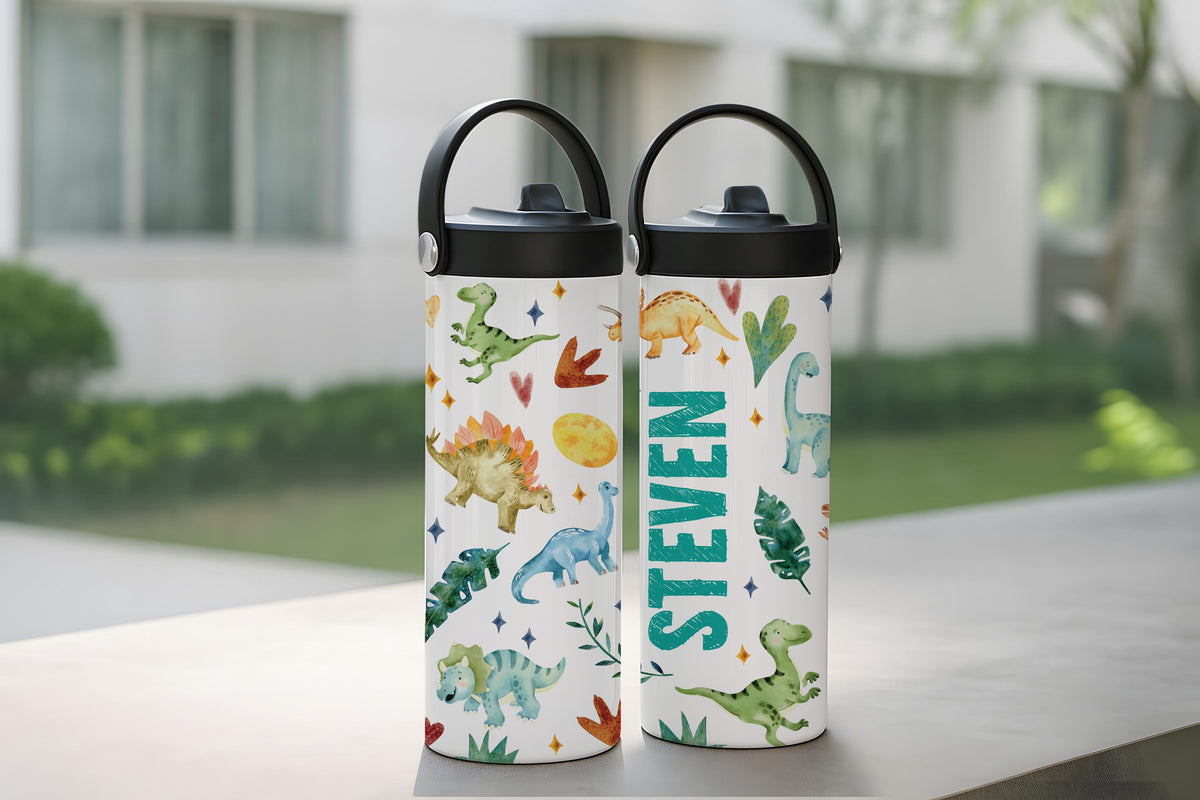 Personalized Dinosaur Theme Insulated Tumbler, Family Vacation Kids Steel Water Bottle