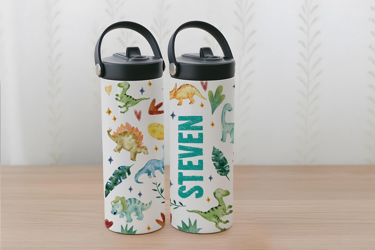 Personalized Dinosaur Theme Insulated Tumbler, Family Vacation Kids Steel Water Bottle
