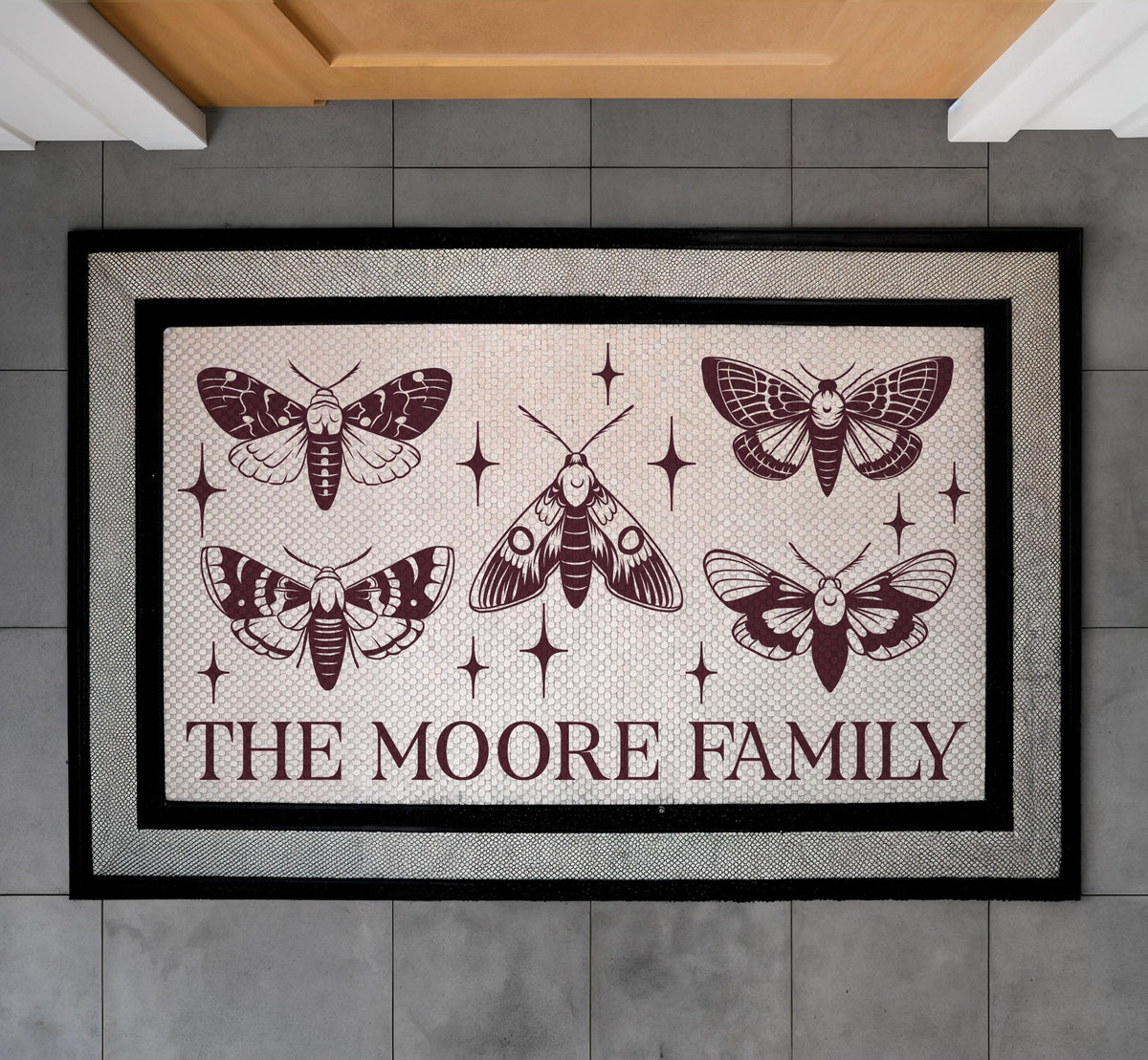 Personalized Vintage Moth Doormat, Custom Family Name Welcome Mat, Boho Gothic Door Mat, Indoor Outdoor Entry Mat, Front Porch Mat