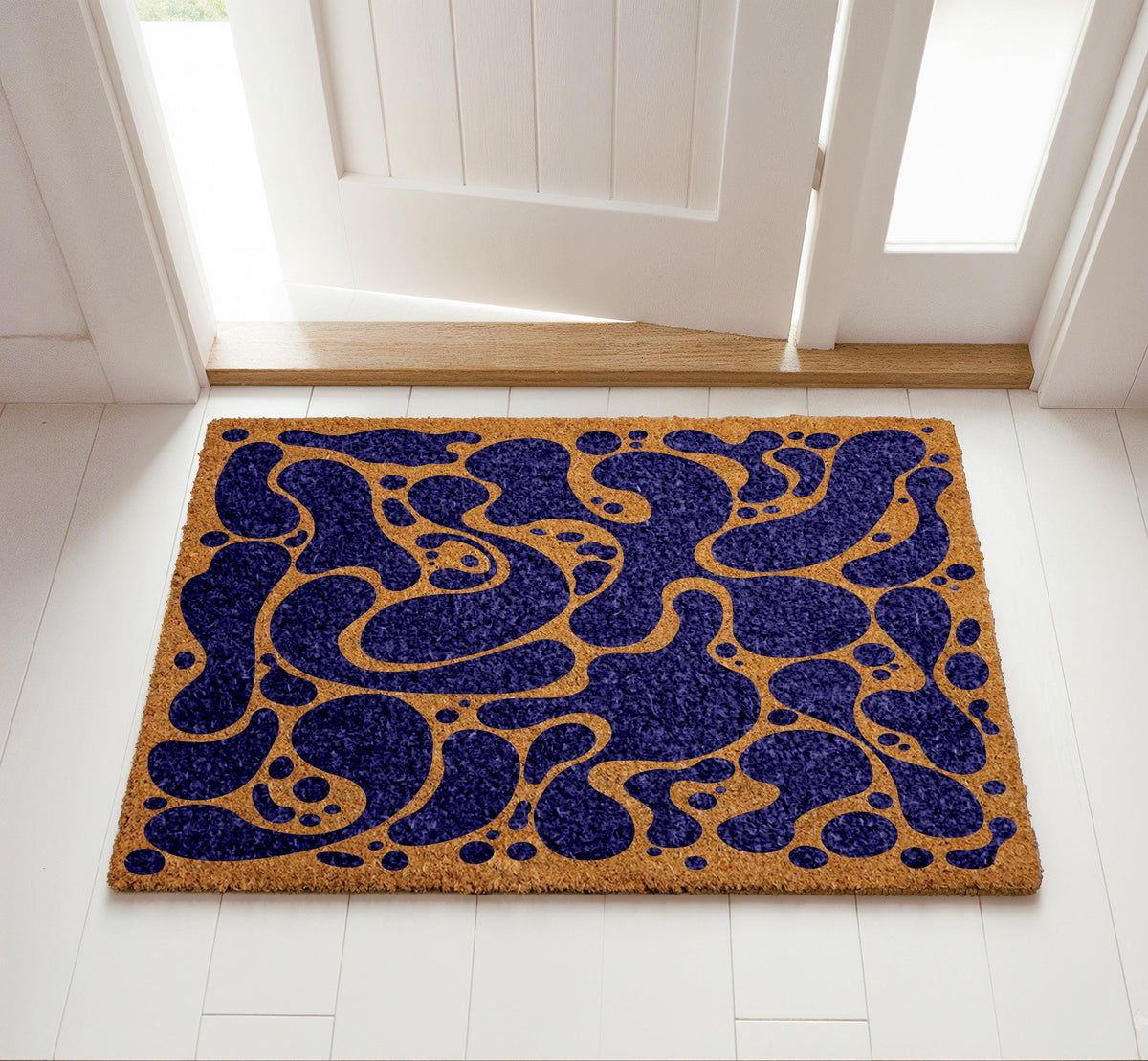 Abstract Navy Blue Doormat, Fluid Art Welcome Mat, Mid Century Modern Home Decor