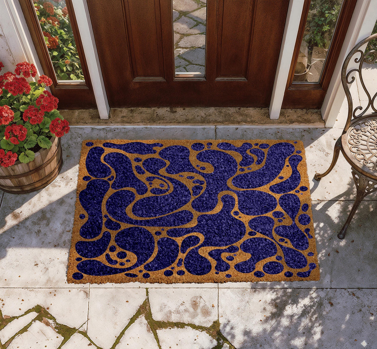 Abstract Navy Blue Doormat, Fluid Art Welcome Mat, Mid Century Modern Home Decor