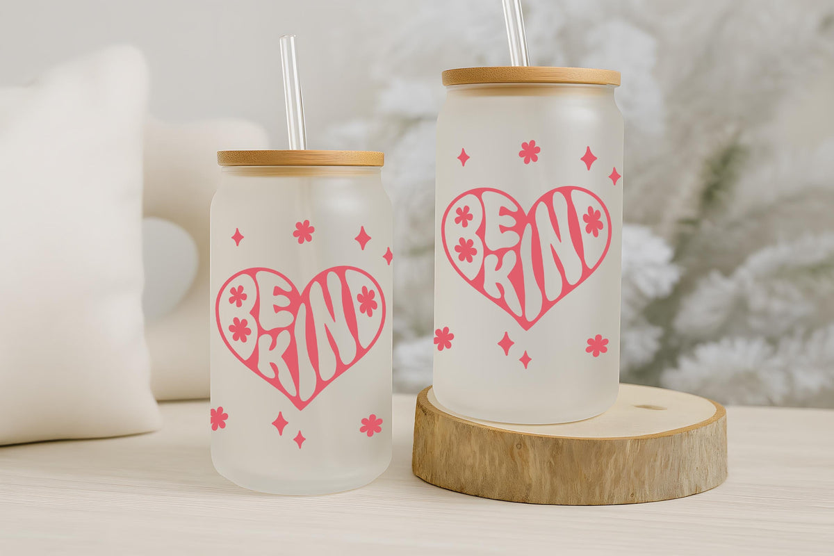 Be Kind Can Glass Cup, Pink Retro Groovy Iced Coffee Cup, Inspirational Bamboo Lid Tumbler