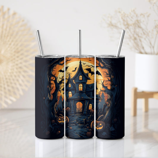 Vibrant Colors Haunted House Tumbler With Straw