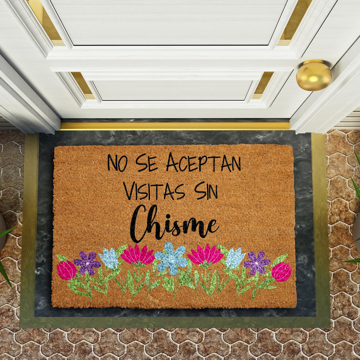 No Se Aceptan Visitas Sin Chisme Doormat, Floral Spanish Welcome Mat